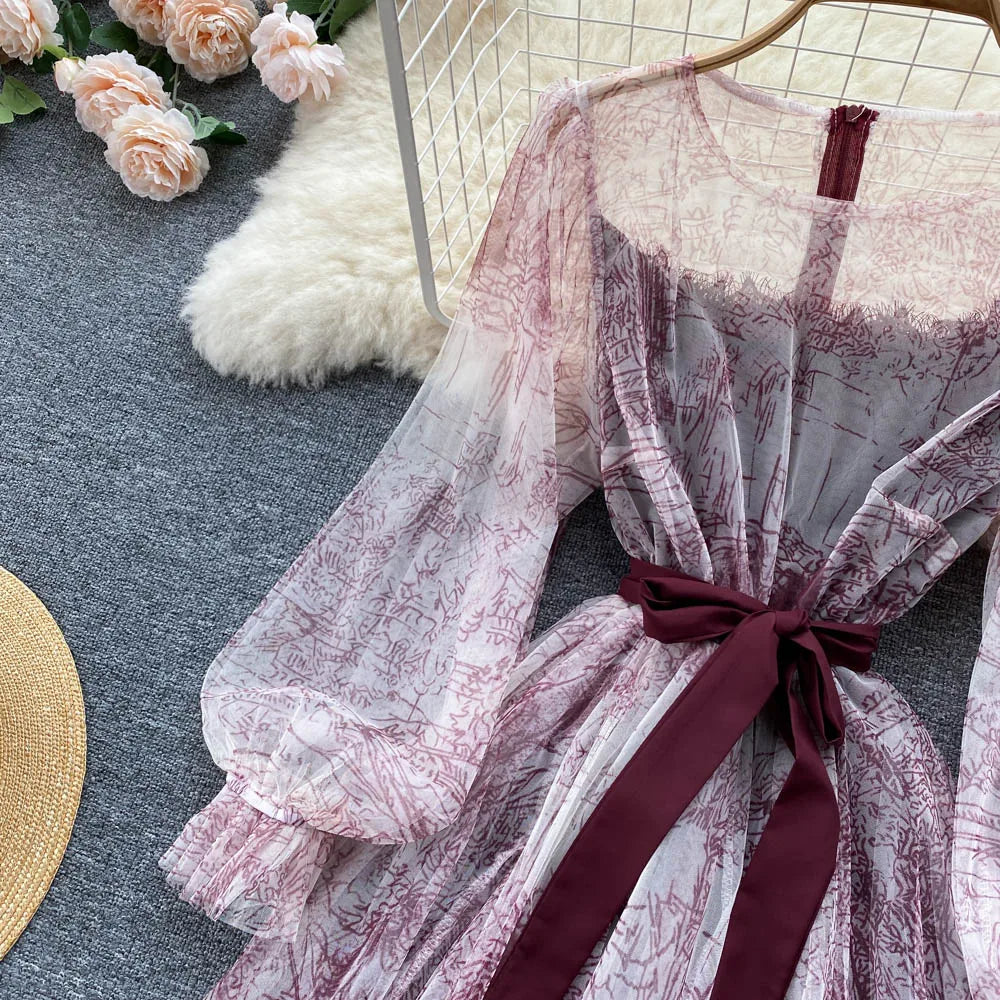 Robe en Maille Élégante pour Femme, Vintage, Manches Lanternes, Imprimée, Soirée, Patchwork, Ligne A, Bandage, Plage, Printemps Été
