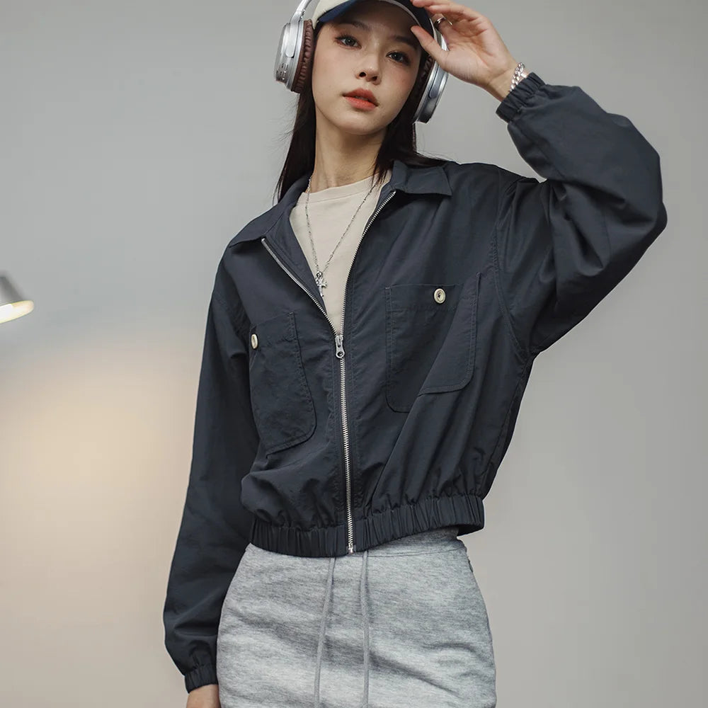 Maden Veste à col de baseball vintage pour femme, courte et décontractée, printemps-automne, légère, tenue quotidienne, rose