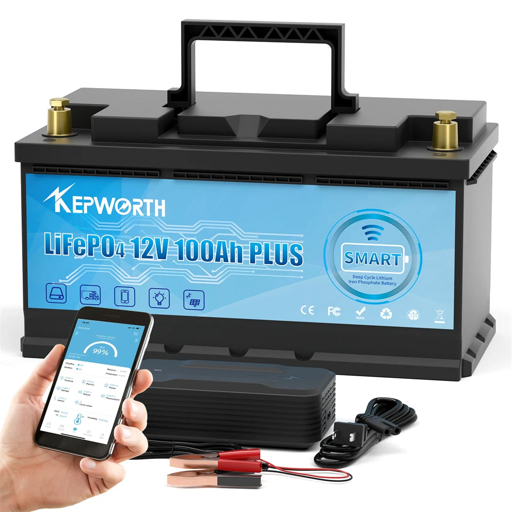 KEPWORTH 12V 100Ah batterie au Lithium fer Phosphate améliorée BMS 6000 Cycles pour camping-car voiturette de Golf tout-terrain hors réseau solaire vent
