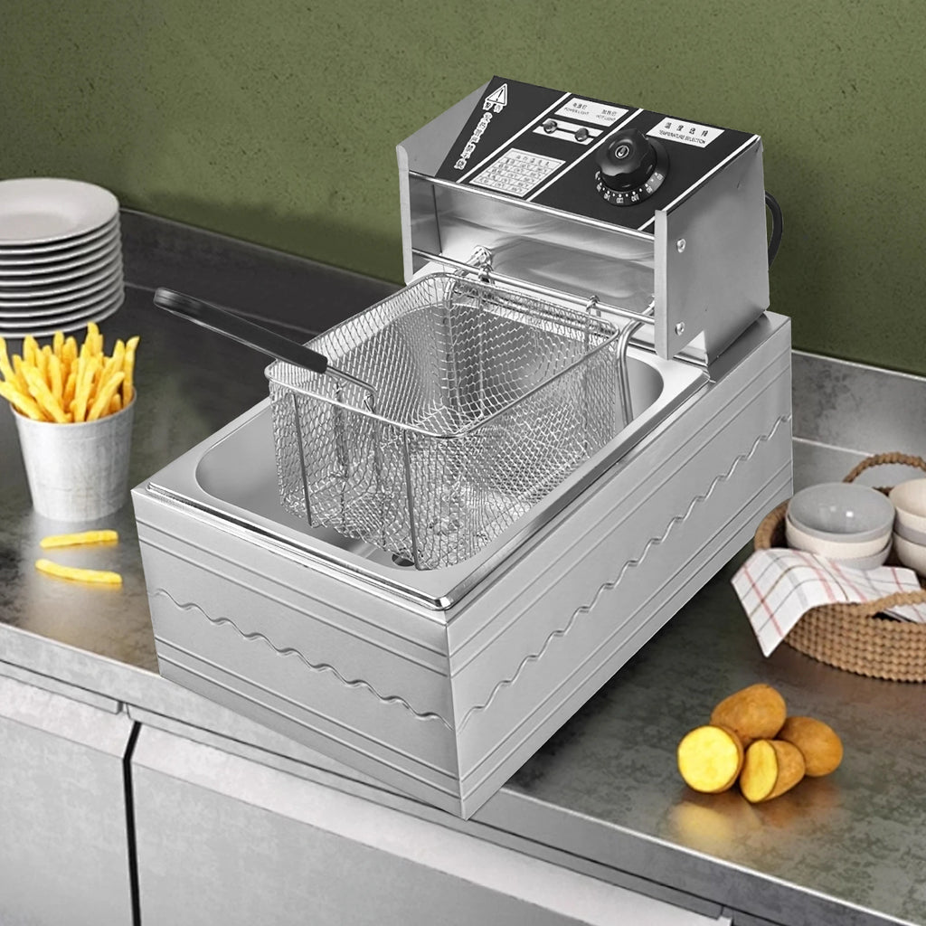 Friteuse électrique 6L en acier inoxydable avec panier pour poulet frit et frites, avec contrôle du temps et de la température