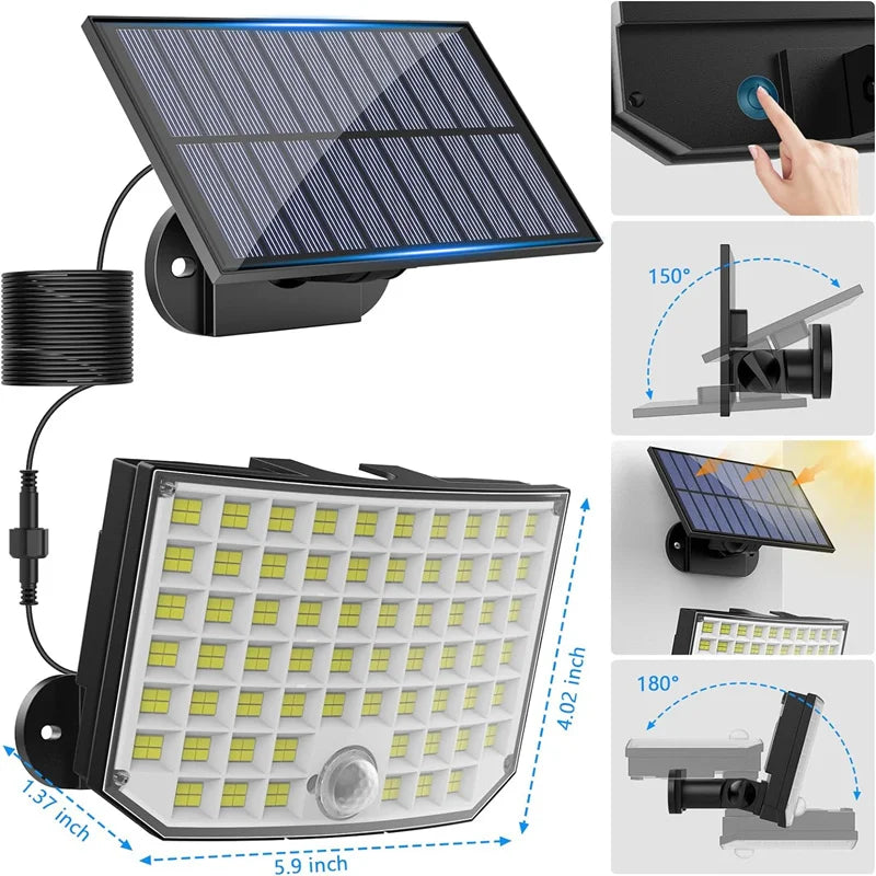 Lumières extérieures solaires, lumières de sécurité de capteur de mouvement à énergie solaire de 256 LED avec des lumières d'inondation imperméables de 3 modes pour le porche extérieur