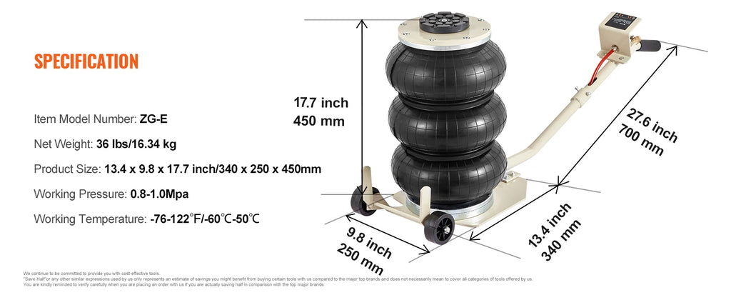 SucceBuy Cric pneumatique 3 tonnes/5 tonnes Triple sac Cric pneumatique Ascenseur rapide Crics de réparation de voiture robustes Crics à tige pliante avec deux roues