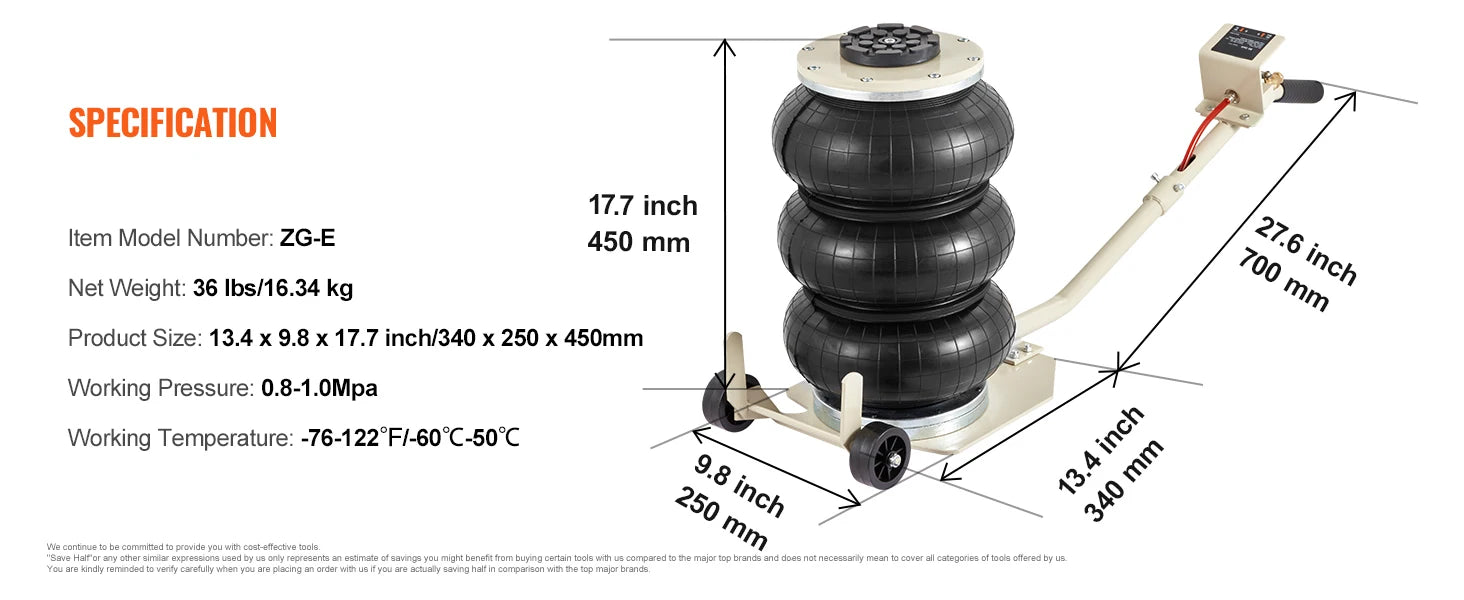 SucceBuy Cric pneumatique 3 tonnes/5 tonnes Triple sac Cric pneumatique Ascenseur rapide Crics de réparation de voiture robustes Crics à tige pliante avec deux roues
