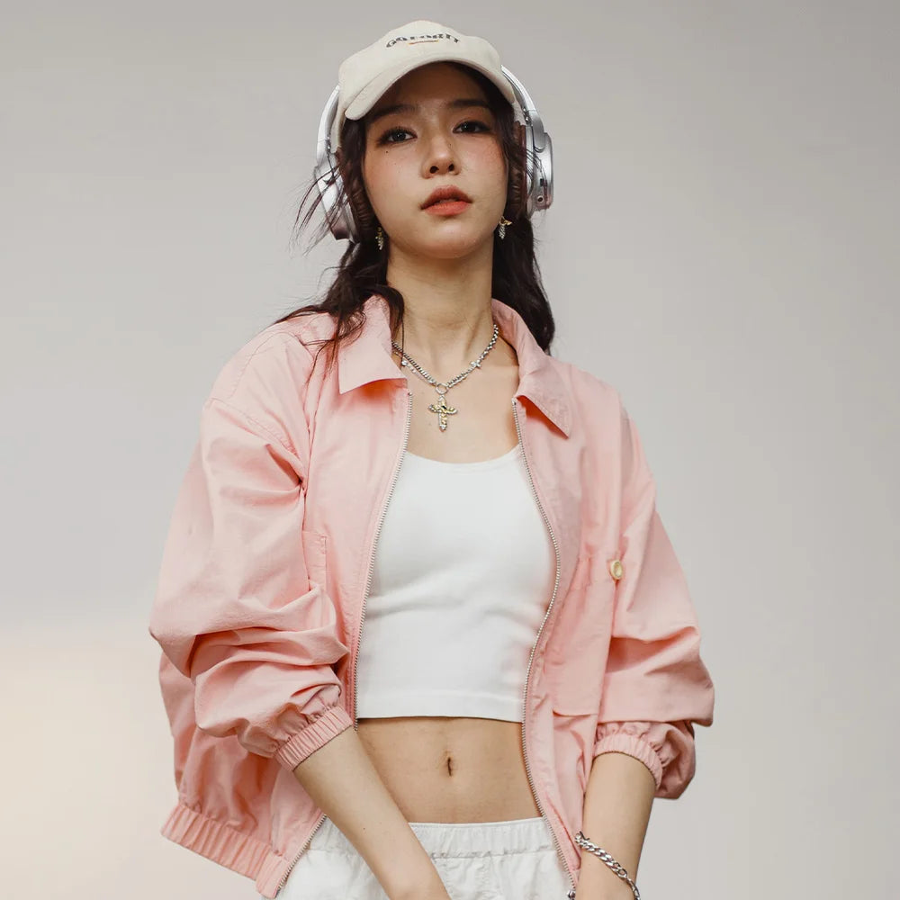 Maden Veste à col de baseball vintage pour femme, courte et décontractée, printemps-automne, légère, tenue quotidienne, rose
