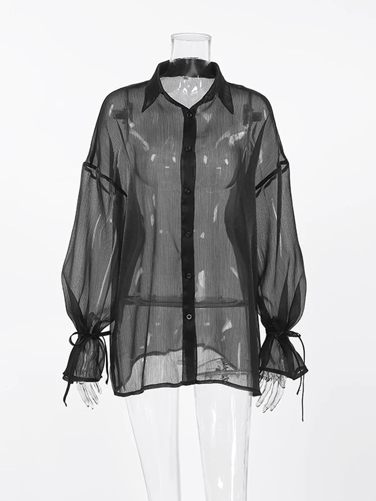 Mumaroho 2024 printemps été femmes élégant à manches longues solide noir maille chemise dames pure mousseline de soie Blouse pour femme femme