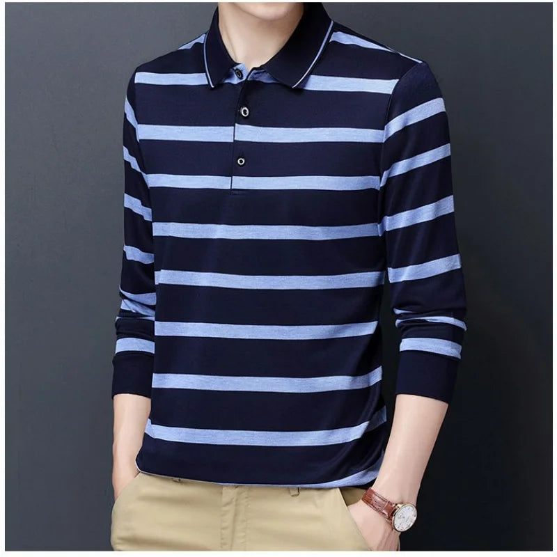 Polos rayés à manches longues pour hommes, Streetwear décontracté, Vêtements d'affaires, Mode coréenne, Polyvalent, Nouveau, Automne, Printemps