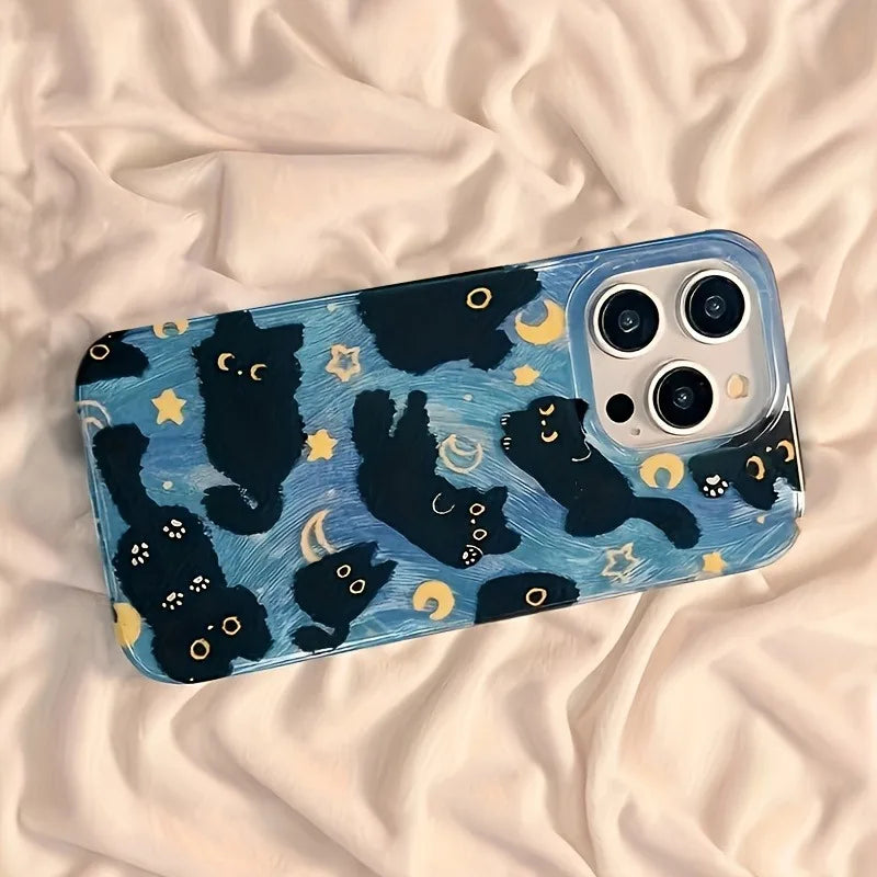 Coque de téléphone pour iPhone 17 Pro Max 16E 16 15 14 13 12 11 XS X XR 7 8 Plus SE2 Air Moon Stars et chats noirs, housse en Silicone