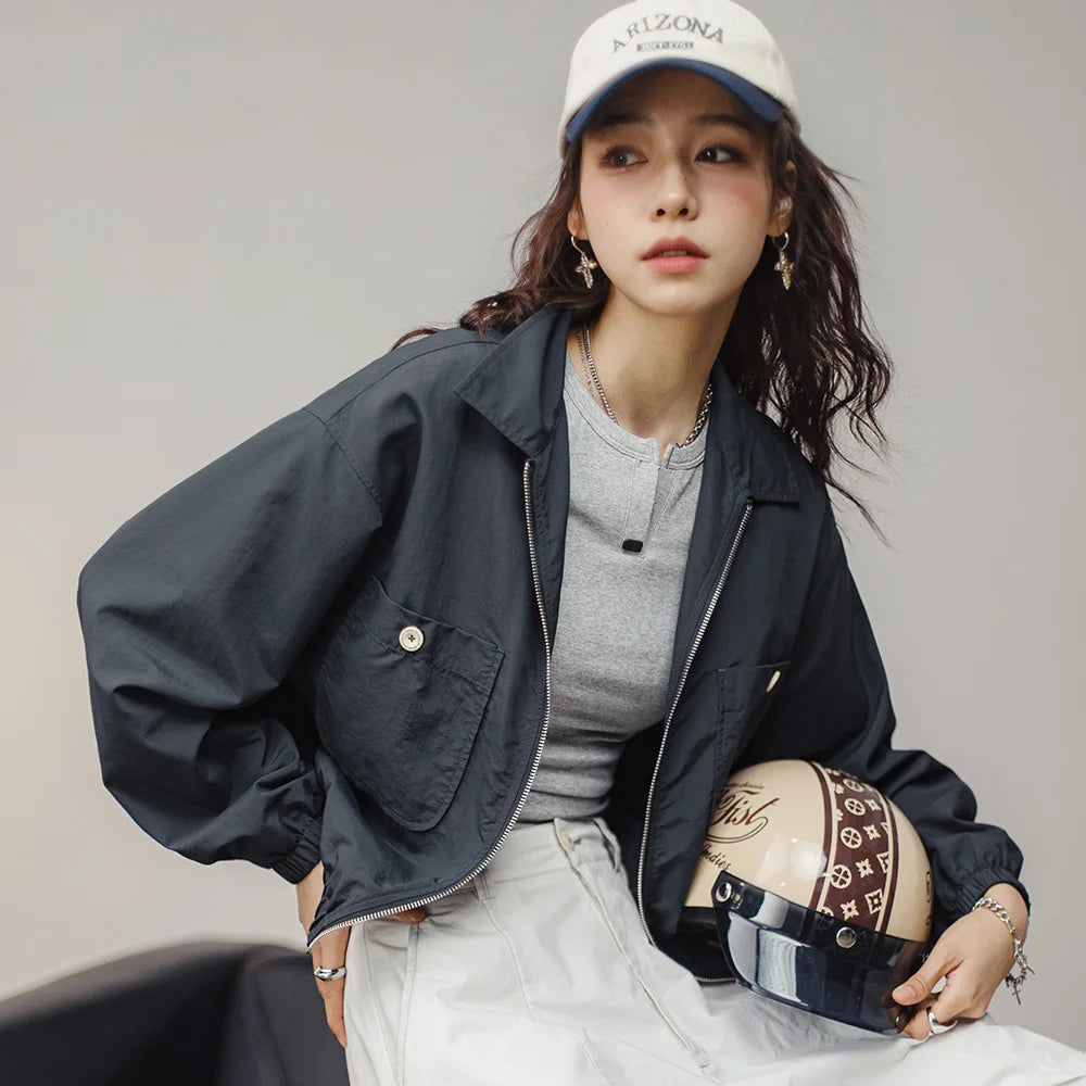 Maden Veste à col de baseball vintage pour femme, courte et décontractée, printemps-automne, légère, tenue quotidienne, rose