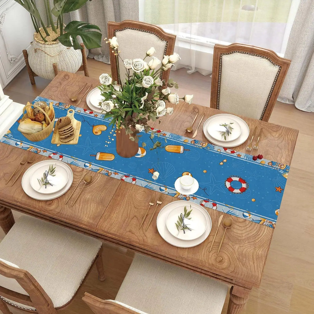Chemins de table en lin de plage bleu, gnome d'été, piscine de plage hawaïenne, décor de fête côtière, décor de table de mariage de vacances, printemps et été