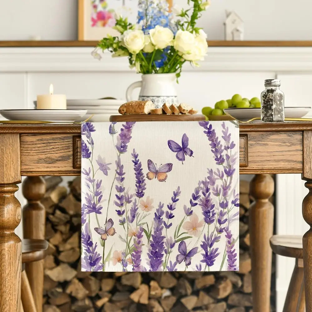 Spring Purple Lavender Floral Linen Table Runner Party Decor Reusable Farmhouse Kitchen Dining Table Runner Wedding Decorations