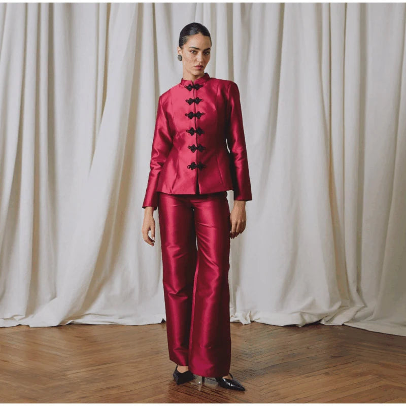 Veste élégante en Satin à boutons grenouille pour femme, col montant, manches longues, Slim, décontractée, manteau de fête de rue, hauts de bureau, printemps 2026