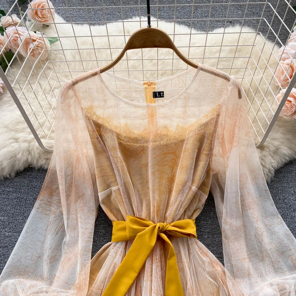 Robe en Maille Élégante pour Femme, Vintage, Manches Lanternes, Imprimée, Soirée, Patchwork, Ligne A, Bandage, Plage, Printemps Été