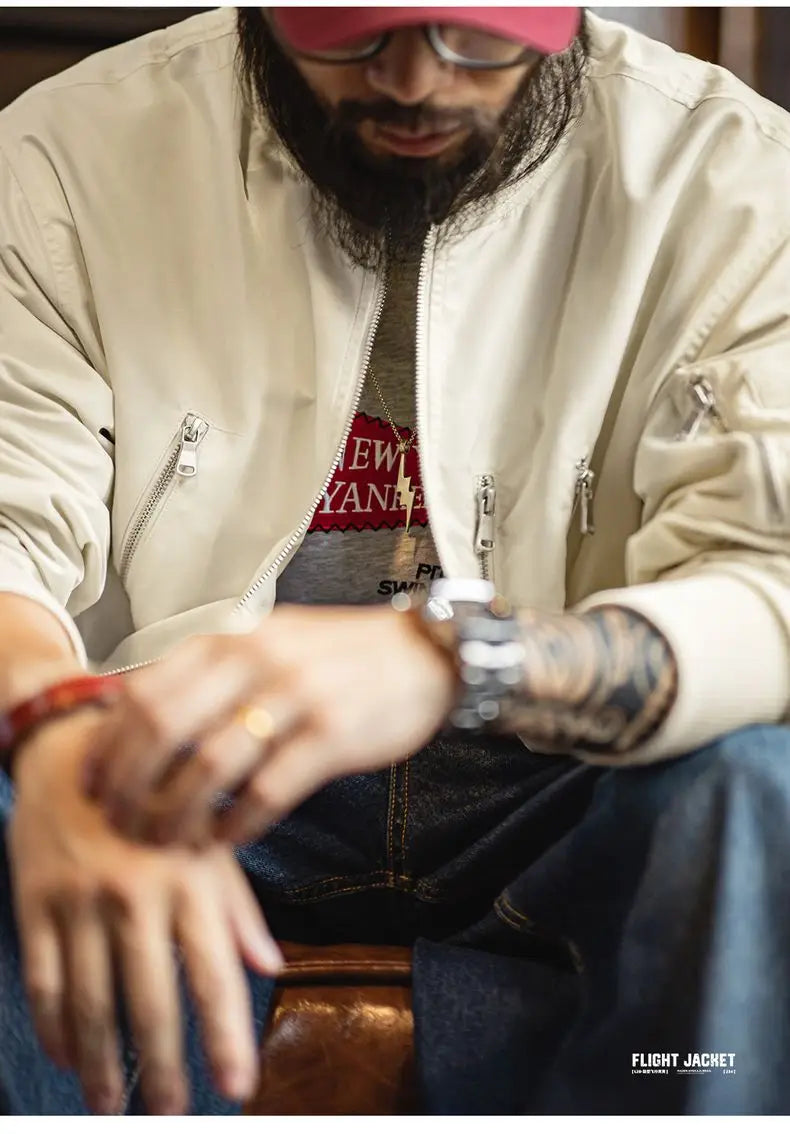 Maden – veste de pilote Vintage L2B pour hommes, blanche, légère, bombardier de vol, courte, fermeture éclair, manteau de Baseball décontracté pour printemps et automne