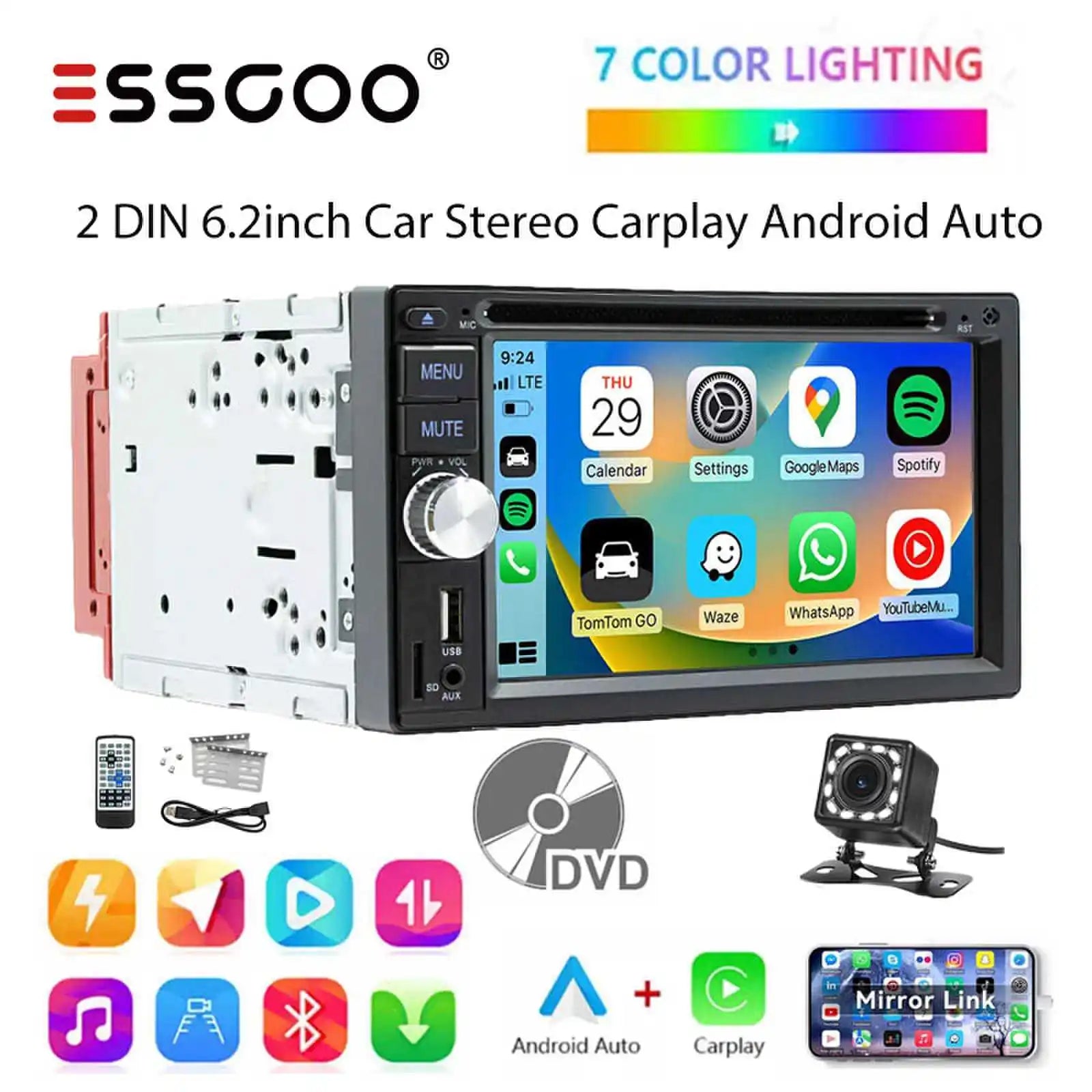 ESSGOO Autoradio 2DIN avec Écran Tactile de 6,2 Pouces. Lecteur CD/DVD, AM/FM, RDS, USB, Bluetooth, TF, AUX, CarPlay et Android Auto. Système Multimédia Complet avec Caméra. Idéal pour Améliorer Votre Expérience de Con