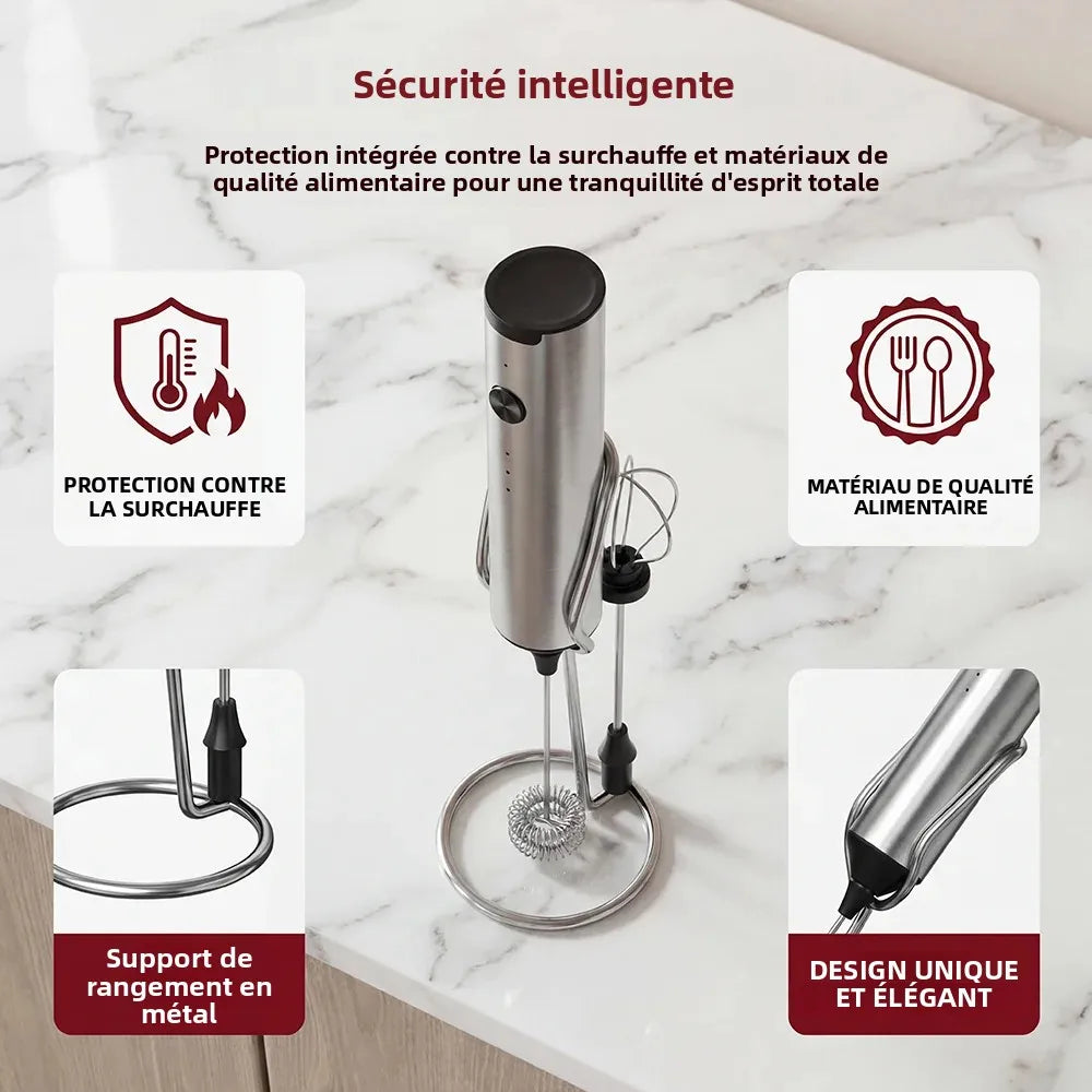 Mousseur à lait électrique, 3 vitesses avec 2 fouets, rechargeable par Type-C, en acier inoxydable, tête à mousse double couche pour latte/café