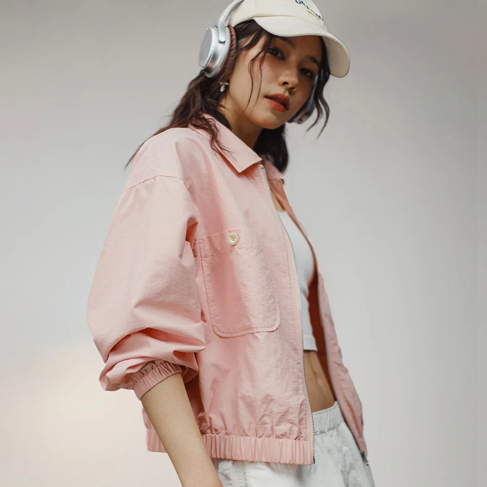 Maden Veste à col de baseball vintage pour femme, courte et décontractée, printemps-automne, légère, tenue quotidienne, rose