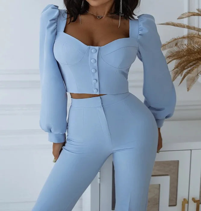 Ensemble haut et pantalon décontracté pour femmes, manches lanternes, manches courtes, épaules dénudées, Sexy, bas de cloche, nouvelle collection printemps automne 2024