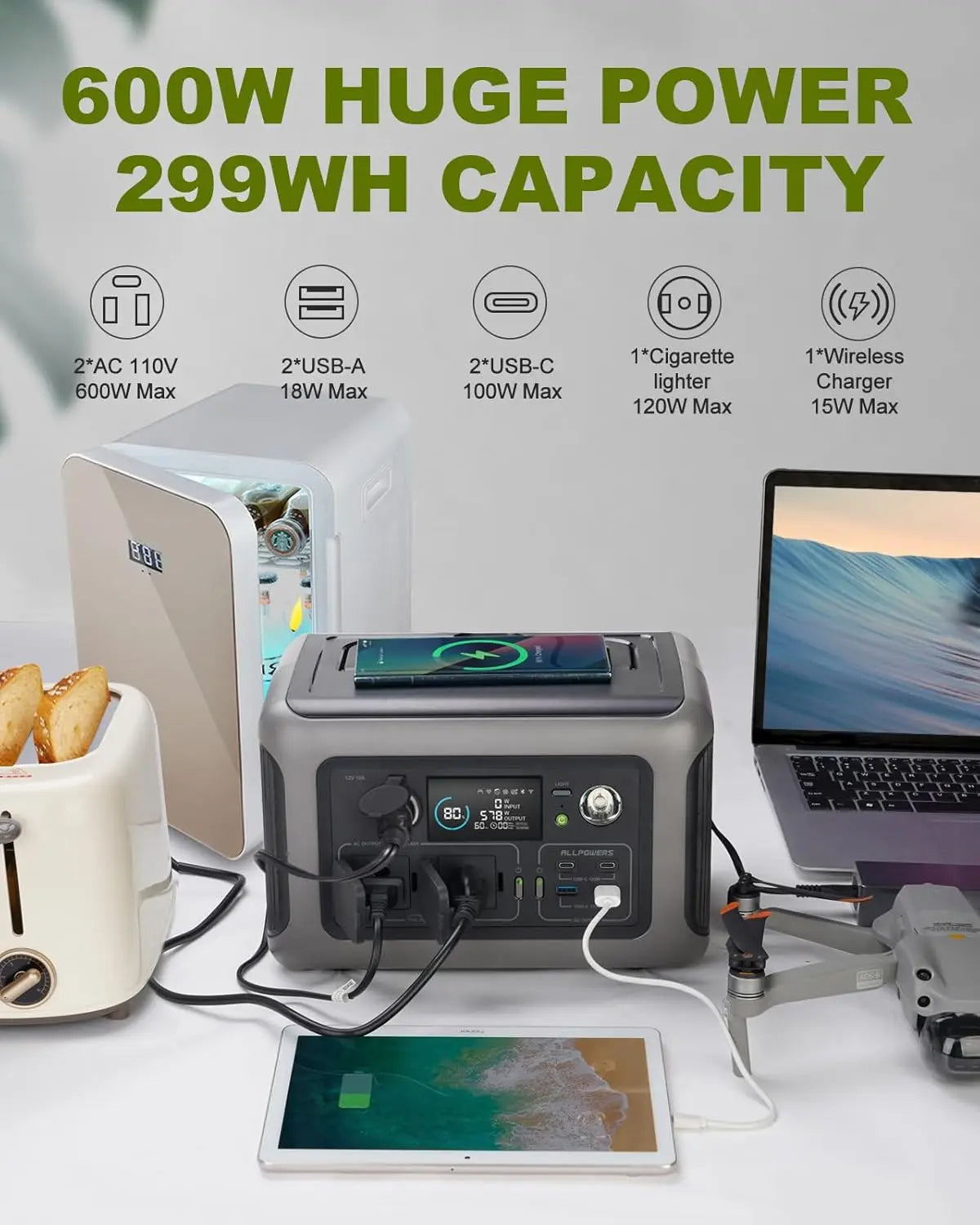 ALLPOWERS-Centrale électrique portable avec panneau solaire, générateur solaire veFePO4, batterie de secours UPS, MPPT pour montres, femelle, 100W, 600W, 299Wh