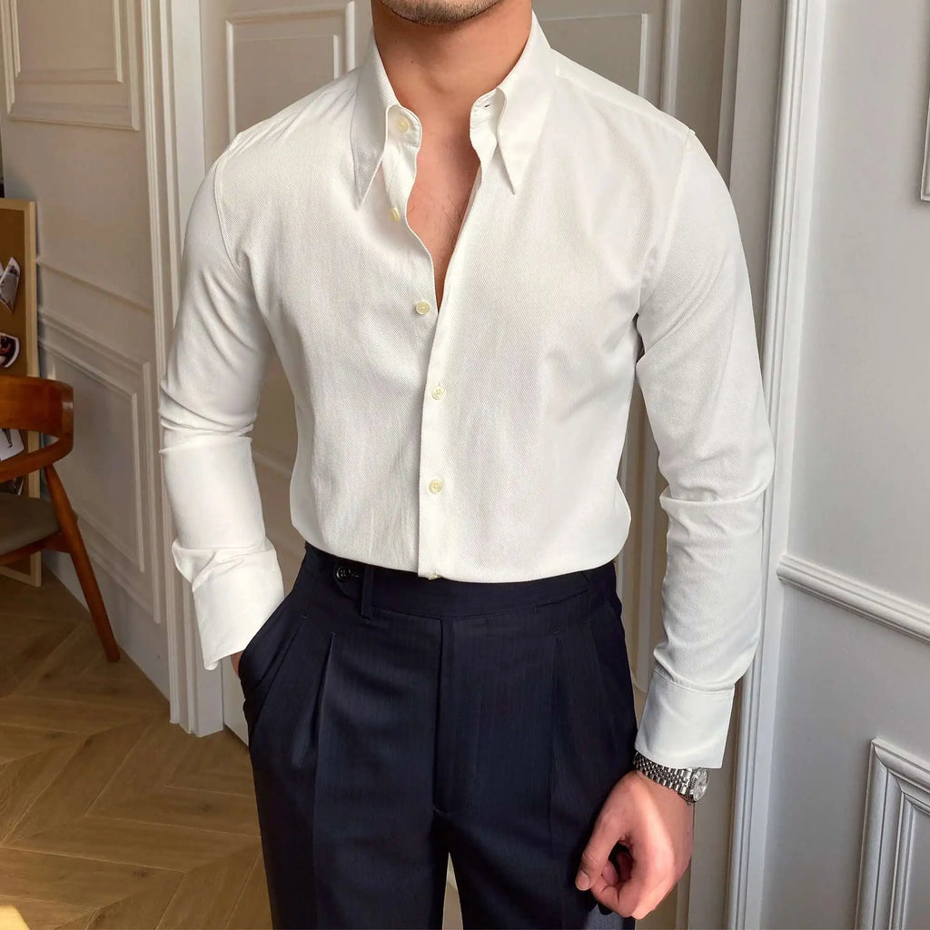 Printemps loisirs britannique affaires chemise Design britannique hommes col Cuba mince solide chemise blanche Camisa Social Masculina hommes chemise