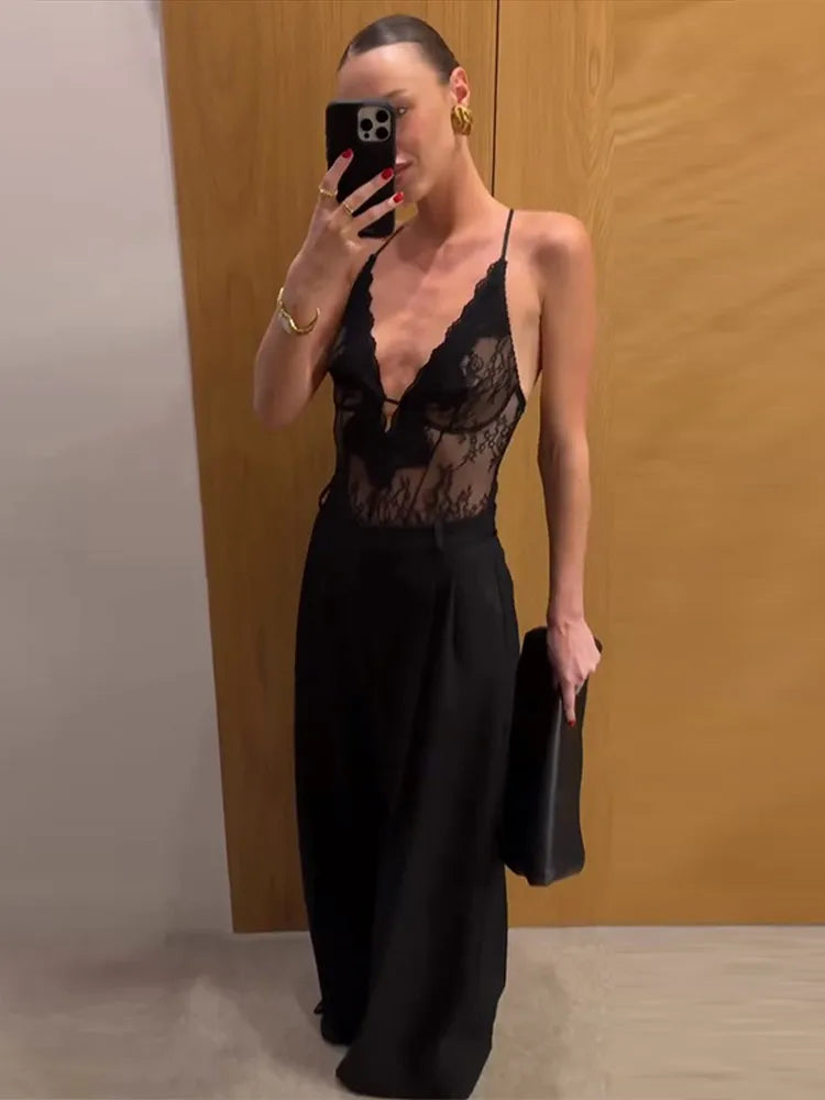 Body en dentelle patchwork ajouré transparent pour femme, décolleté plongeant, tenue de soirée sexy printemps, clubwear pour femmes