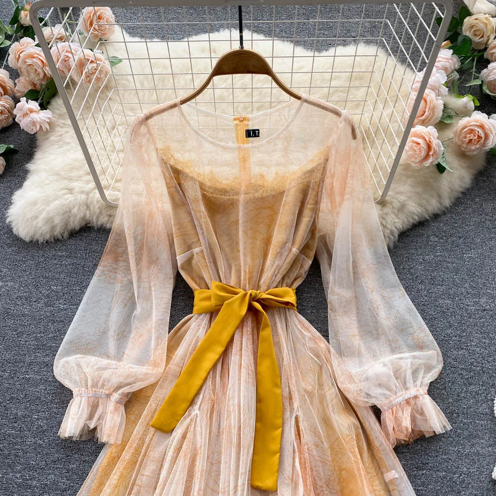 Robe en Maille Élégante pour Femme, Vintage, Manches Lanternes, Imprimée, Soirée, Patchwork, Ligne A, Bandage, Plage, Printemps Été