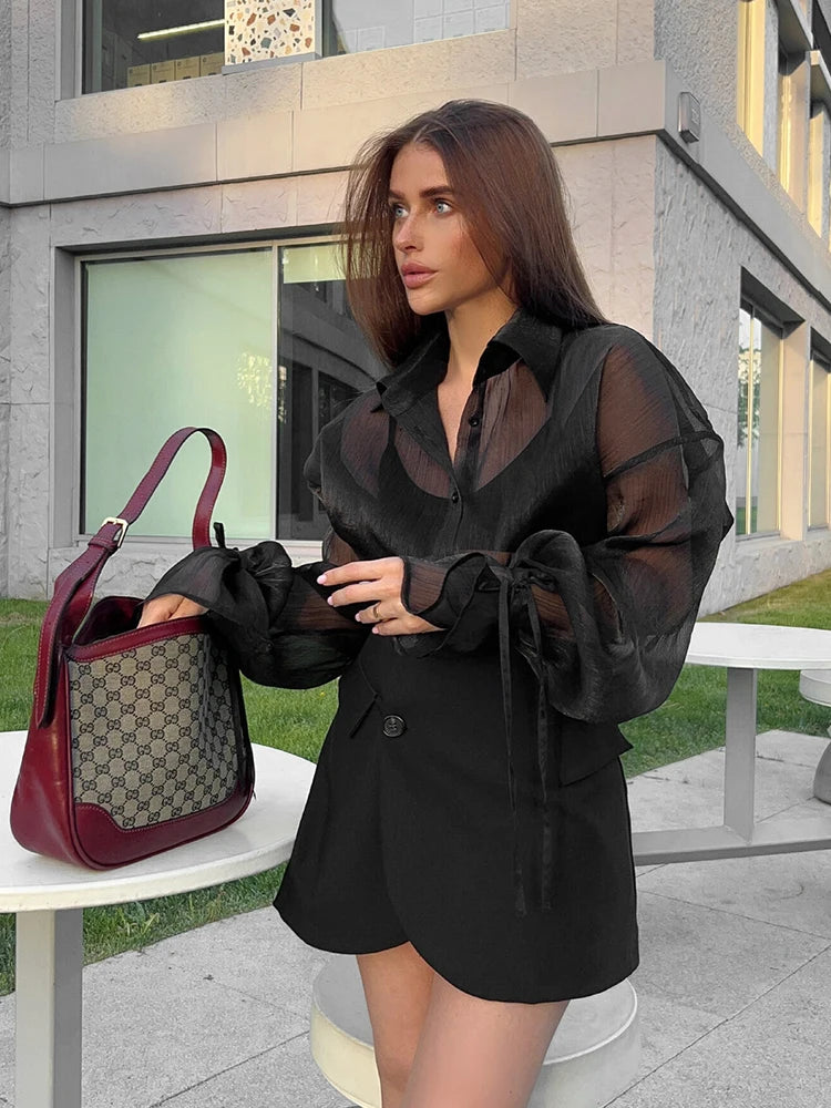 Mumaroho 2024 printemps été femmes élégant à manches longues solide noir maille chemise dames pure mousseline de soie Blouse pour femme femme