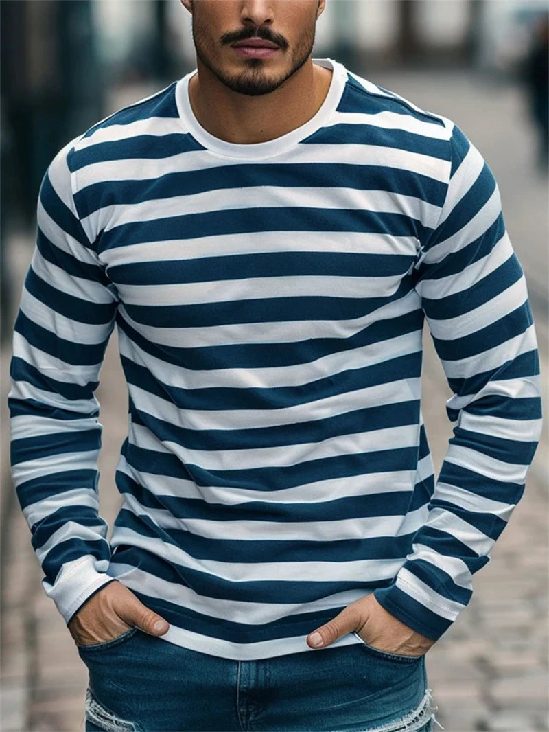 Rétro rayé graphique à manches longues T-shirts pour hommes Simple mode printemps automne 3D imprimé T-shirts décontracté surdimensionné T-shirts hauts