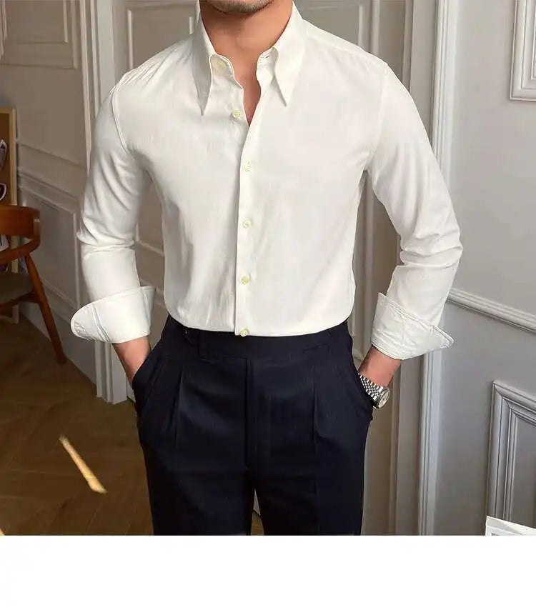 Printemps loisirs britannique affaires chemise Design britannique hommes col Cuba mince solide chemise blanche Camisa Social Masculina hommes chemise