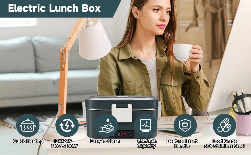 Boîte à lunch électrique 2 en 1, anti-fuite, chauffe-plat portable, 1,5/2/2,5 L, boîte à lunch bento pour micro-ondes avec récipient en acier inoxydable