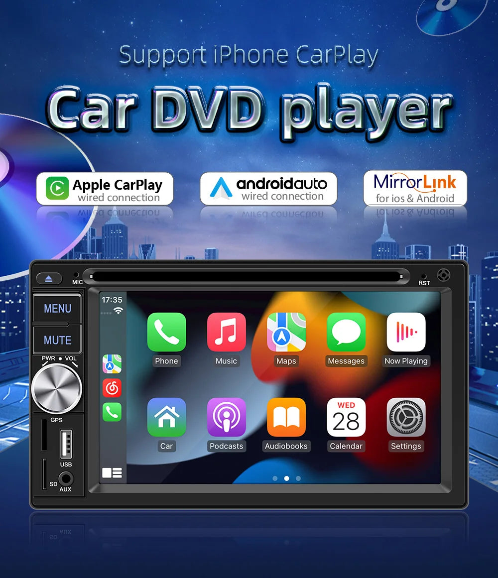 ESSGOO Autoradio 2DIN avec Écran Tactile de 6,2 Pouces. Lecteur CD/DVD, AM/FM, RDS, USB, Bluetooth, TF, AUX, CarPlay et Android Auto. Système Multimédia Complet avec Caméra. Idéal pour Améliorer Votre Expérience de Con