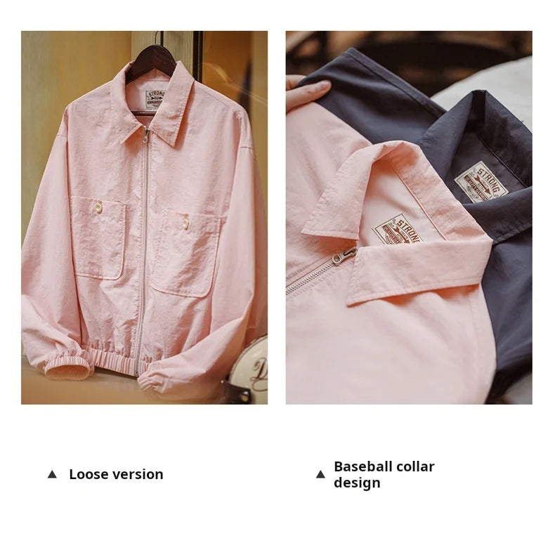 Maden Veste à col de baseball vintage pour femme, courte et décontractée, printemps-automne, légère, tenue quotidienne, rose