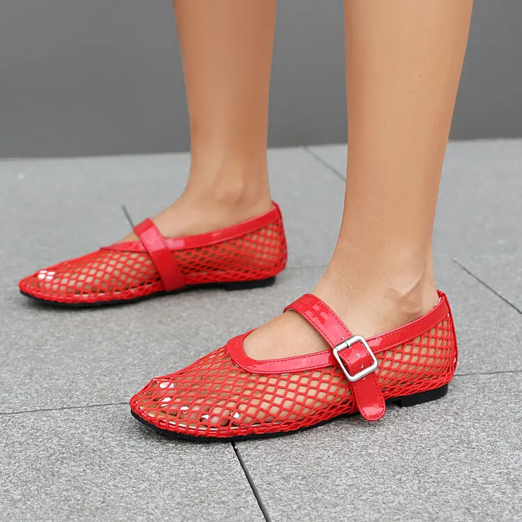LeShion de Chanmeb marque maille Net ballerines chaussures pour femmes sangle boucle respirant Cool printemps été INS ballerine chaussures 43