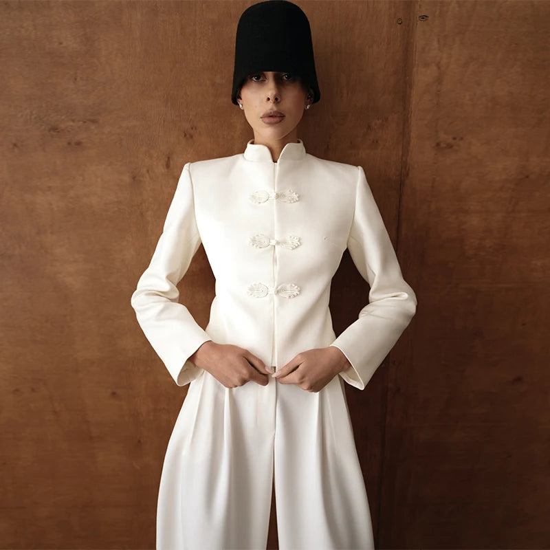 Veste élégante en Satin à boutons grenouille pour femme, col montant, manches longues, Slim, décontractée, manteau de fête de rue, hauts de bureau, printemps 2026
