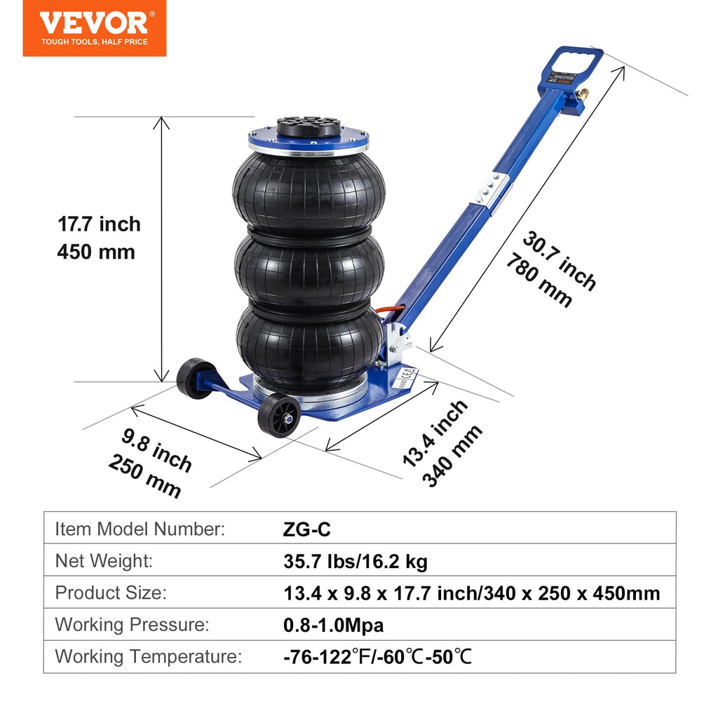 SucceBuy Cric pneumatique 3 tonnes/5 tonnes Triple sac Cric pneumatique Ascenseur rapide Crics de réparation de voiture robustes Crics à tige pliante avec deux roues
