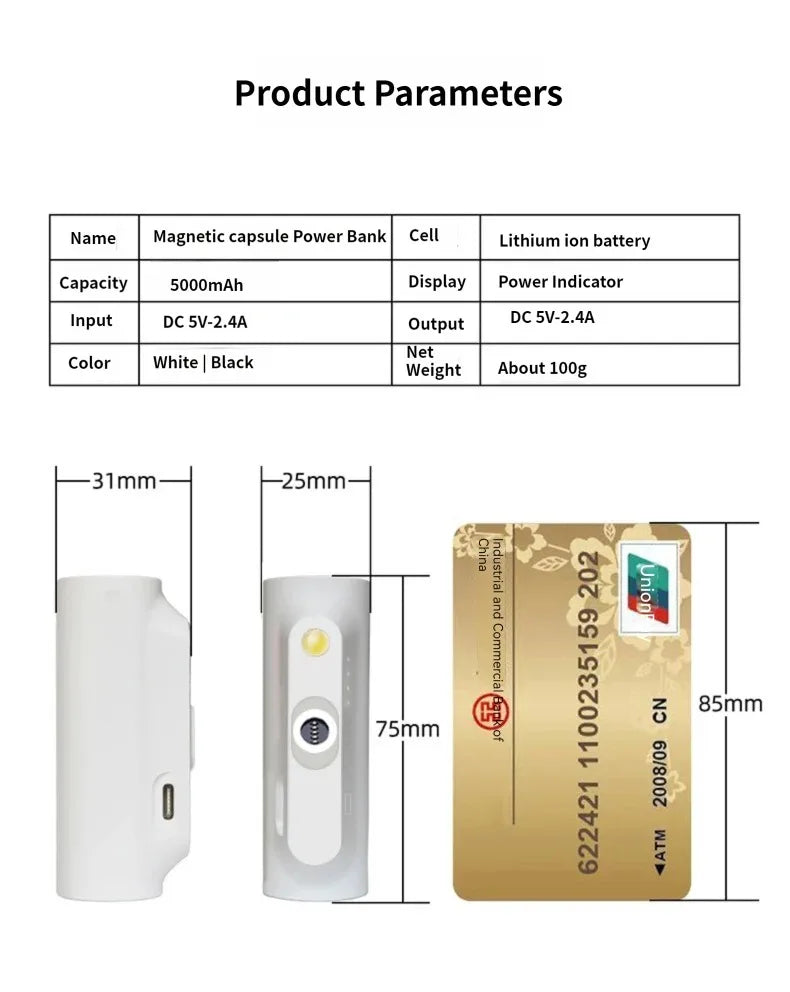 Mini batterie externe à Capsule magnétique 5000mAh, chargeur d'urgence, batterie externe de secours adaptée à la type-c Xiaomi iphone 12 pro