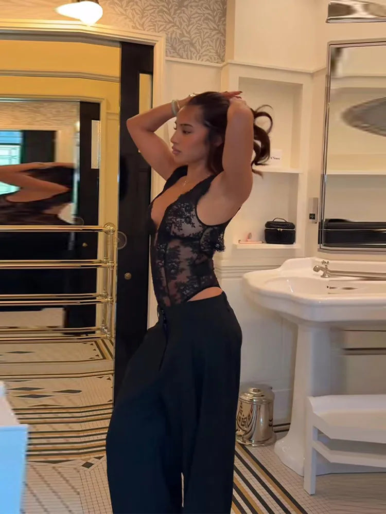 Body en dentelle patchwork ajouré transparent pour femme, décolleté plongeant, tenue de soirée sexy printemps, clubwear pour femmes