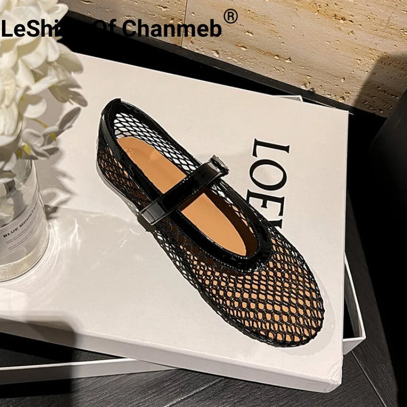 LeShion de Chanmeb marque maille Net ballerines chaussures pour femmes sangle boucle respirant Cool printemps été INS ballerine chaussures 43