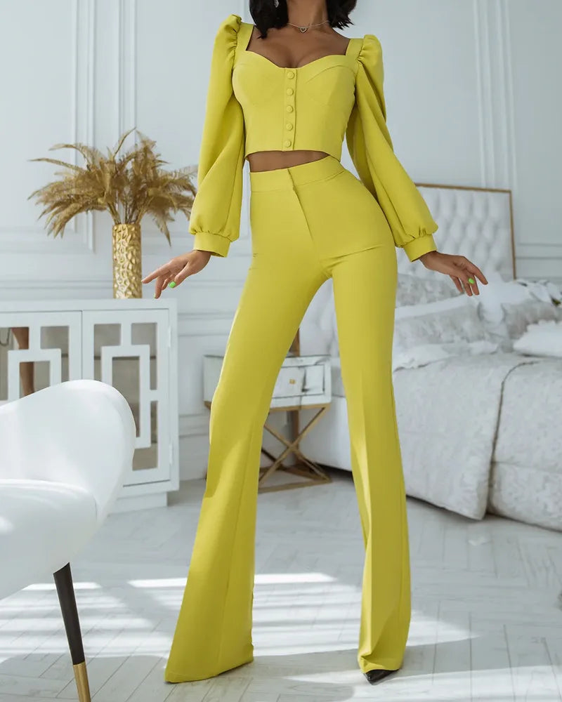 Ensemble haut et pantalon décontracté pour femmes, manches lanternes, manches courtes, épaules dénudées, Sexy, bas de cloche, nouvelle collection printemps automne 2024