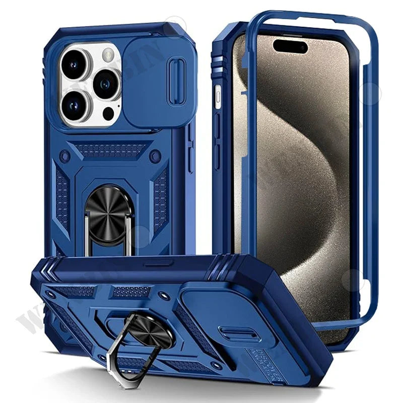 Coque pour iPhone 17 16 16e 15 14 13 12 11 Pro Max Plus Mini XS XR 8 Plus 8 7 SE robuste avec caméra, housse de béquille à 360 degrés