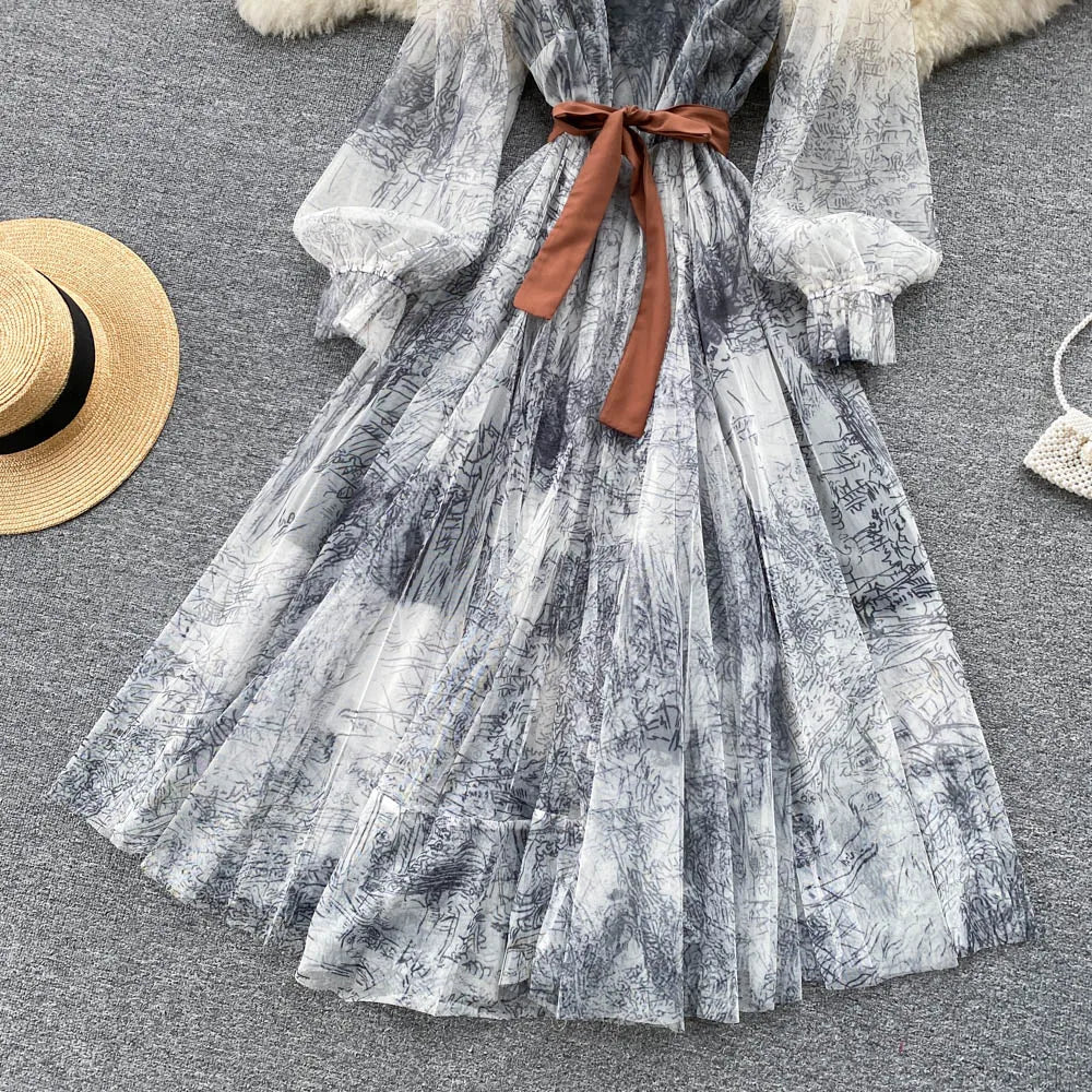 Robe en Maille Élégante pour Femme, Vintage, Manches Lanternes, Imprimée, Soirée, Patchwork, Ligne A, Bandage, Plage, Printemps Été
