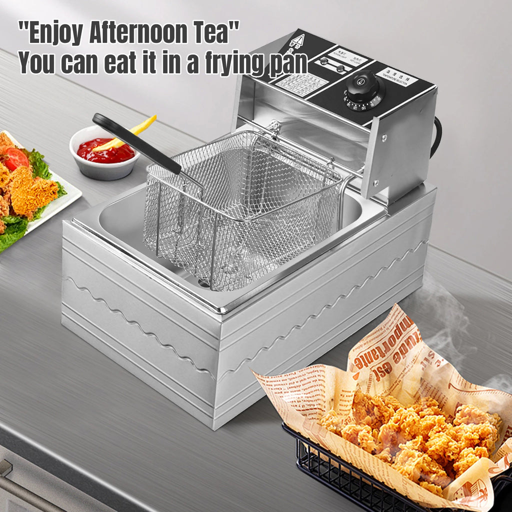 Friteuse électrique 6L en acier inoxydable avec panier pour poulet frit et frites, avec contrôle du temps et de la température