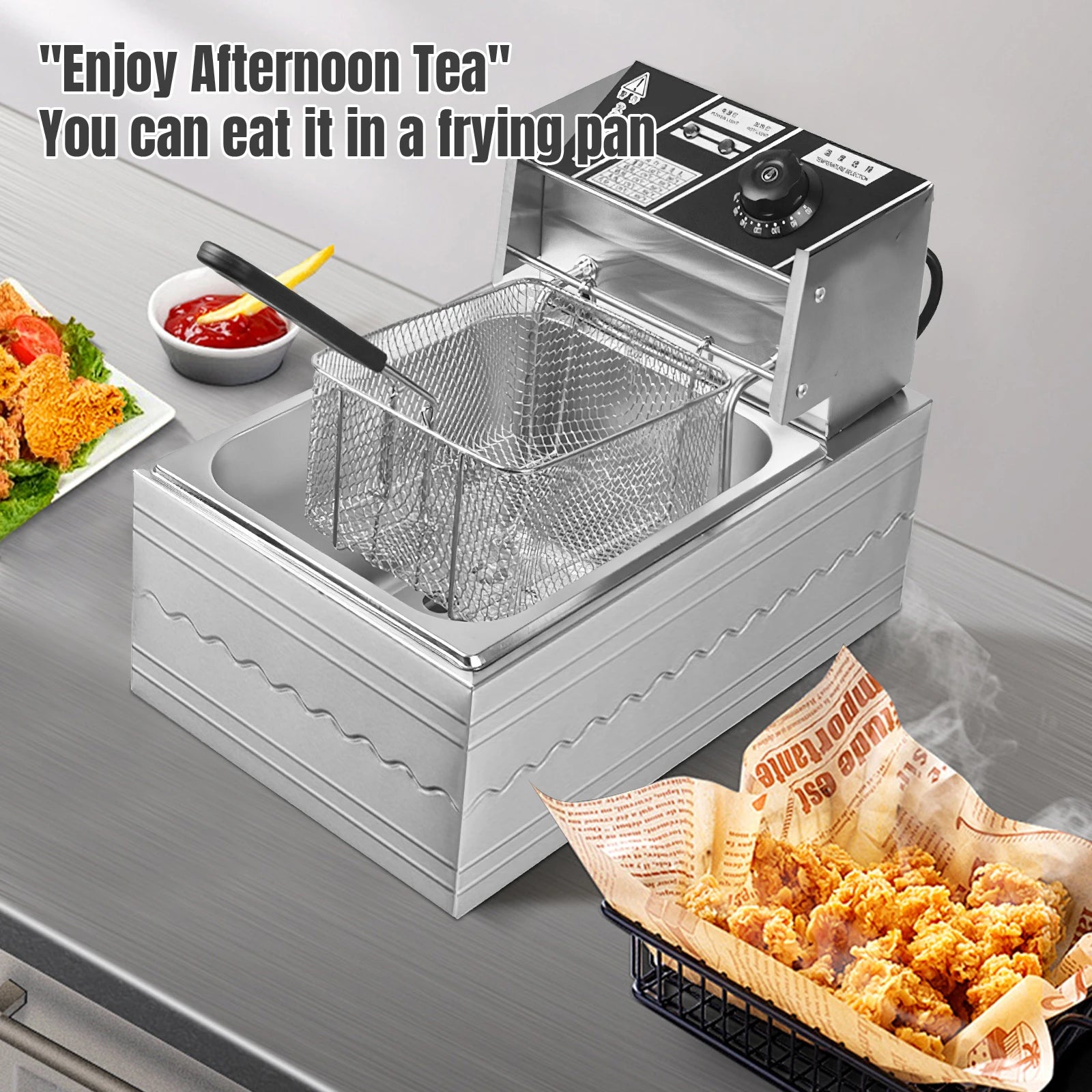 Friteuse électrique 6L en acier inoxydable avec panier pour poulet frit et frites, avec contrôle du temps et de la température