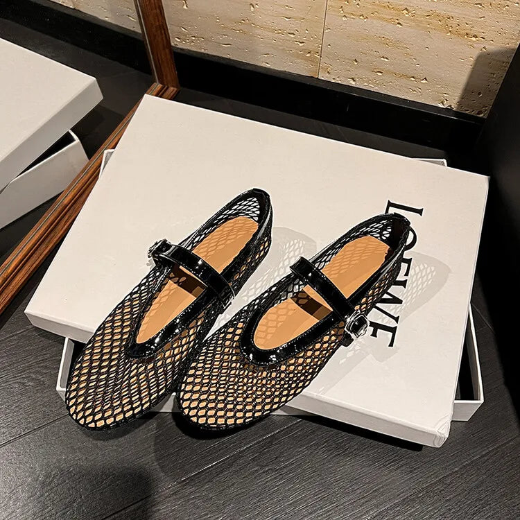LeShion de Chanmeb marque maille Net ballerines chaussures pour femmes sangle boucle respirant Cool printemps été INS ballerine chaussures 43