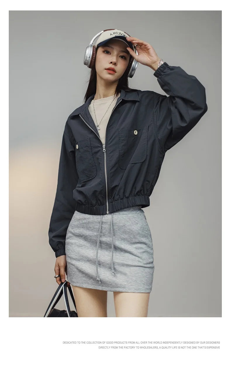 Maden Veste à col de baseball vintage pour femme, courte et décontractée, printemps-automne, légère, tenue quotidienne, rose