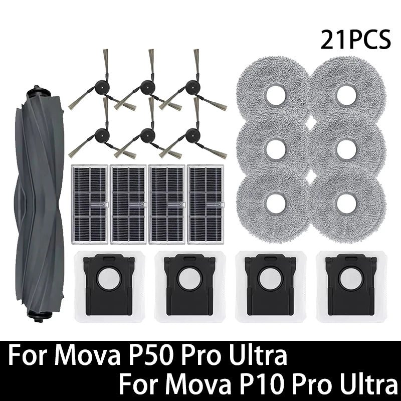 Pièces détachées pour robot aspirateur Mova P50 Pro Ultra / Mova P10 Pro Ultra : brosse principale, brosse latérale, filtre HEPA, chiffon de nettoyage, sac à poussière, accessoires