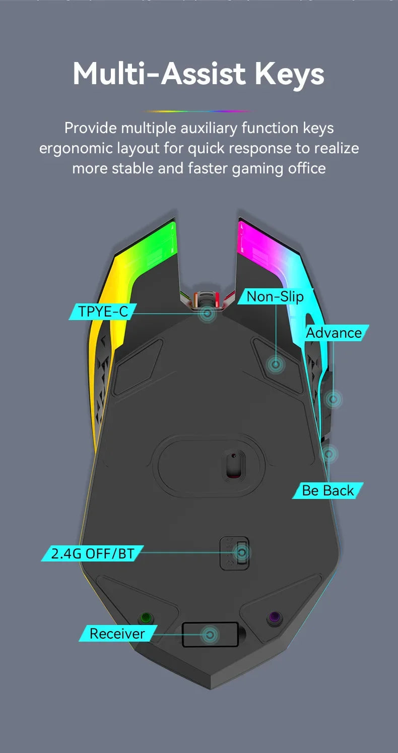 Souris sans fil Bluetooth 5.2 RGB 2.4G, double Mode, pour jeu, 6 boutons, silencieuse, pour MacBook, tablette, ordinateurs portables