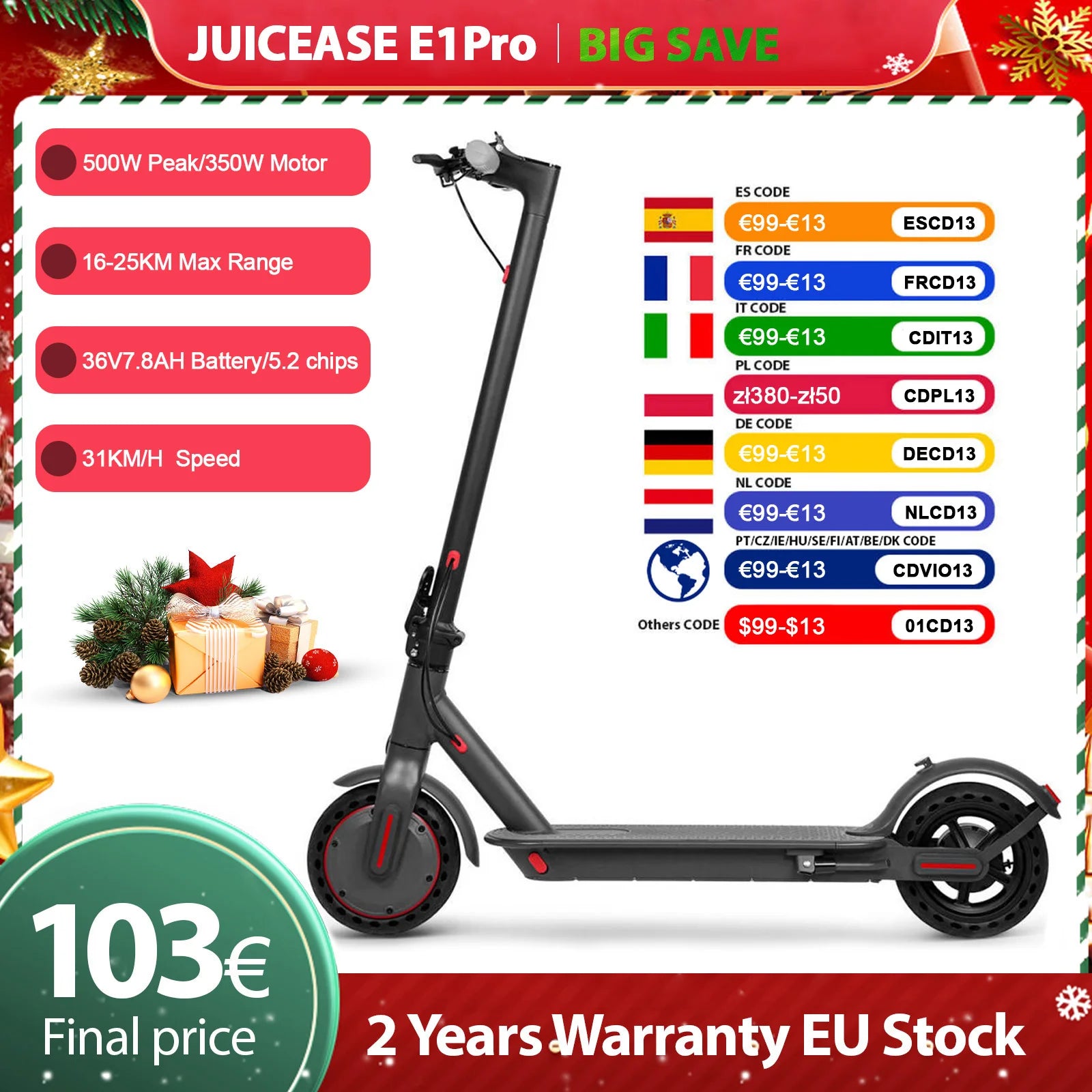 JUICEASE E1 Pro Scooter électrique 350W moteur 500W puissance de pointe pliant trottinette électrique 36V7.8AH 5.2 puces 25KM portée EScooter
