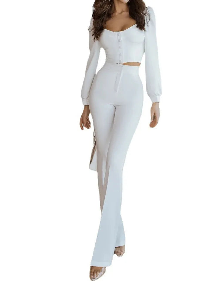 Ensemble haut et pantalon décontracté pour femmes, manches lanternes, manches courtes, épaules dénudées, Sexy, bas de cloche, nouvelle collection printemps automne 2024