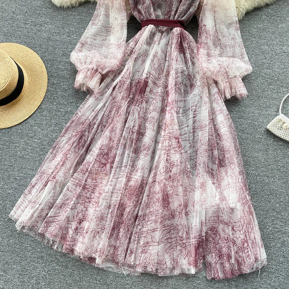 Robe en Maille Élégante pour Femme, Vintage, Manches Lanternes, Imprimée, Soirée, Patchwork, Ligne A, Bandage, Plage, Printemps Été