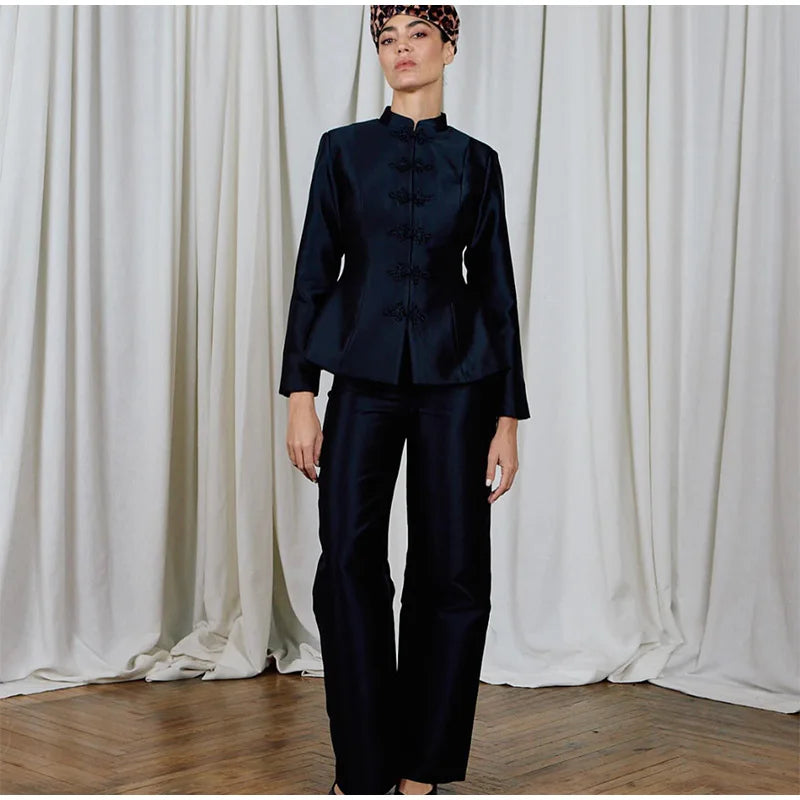 Veste élégante en Satin à boutons grenouille pour femme, col montant, manches longues, Slim, décontractée, manteau de fête de rue, hauts de bureau, printemps 2026